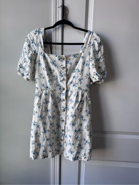 Old Navy White Floral Puff-Sleeve Mini Dress with Blue Floral Print